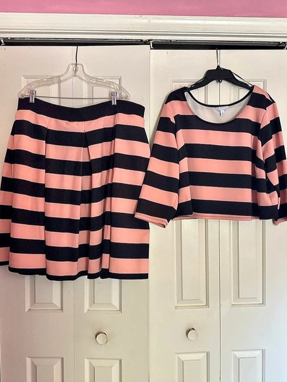 Ashley Nell Tipton for Boutique+ Pink and Black Striped Crop Top and Skirt Set +